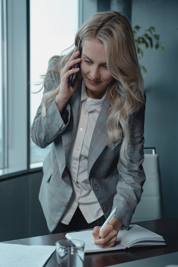 Professional businesswoman multitasking with phone and notes in modern office setting.